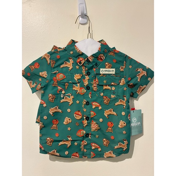 Magellan Outdoors Boys Holiday Cookies Fishing Shirt Shorts Set Green 2T NEW - Picture 2 of 7